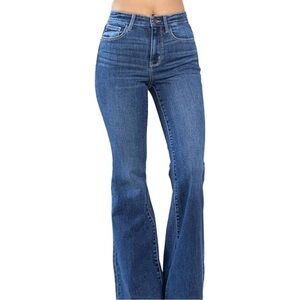 JUDY BLUE Flare Jean Blue Slim Stretchy Raw Hem Slimming 5 27 Denim High Waisted